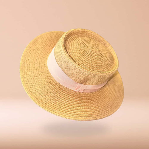 Sombrero canotier de paja con cinta rosa "Rose Dune"